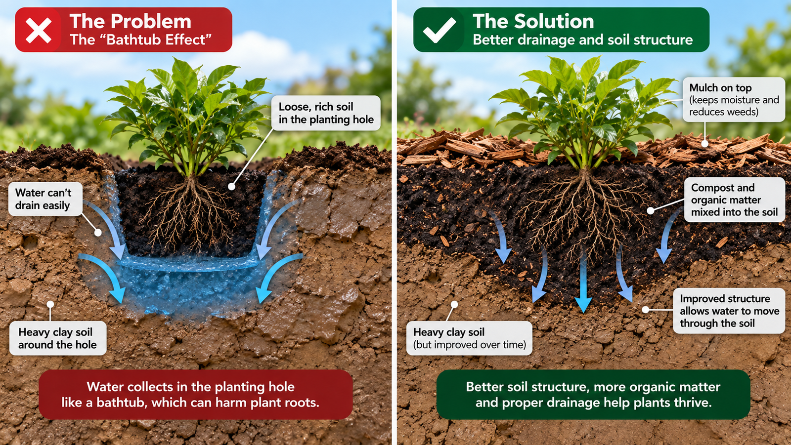 Diagram showing the bathtub effect and improved drainage when planting in heavy clay soil