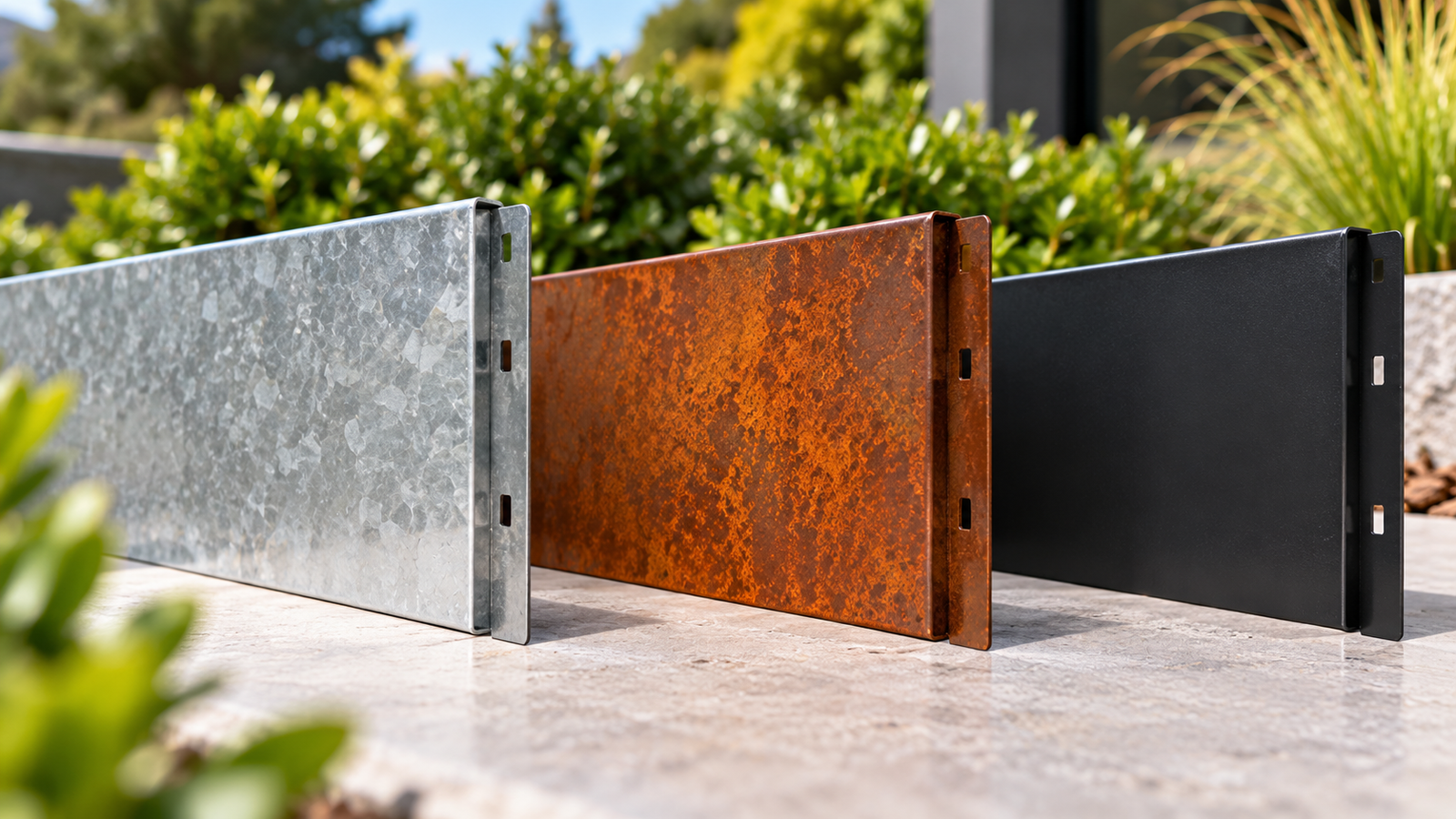 Galvanised, Corten and powder-coated steel garden edging options