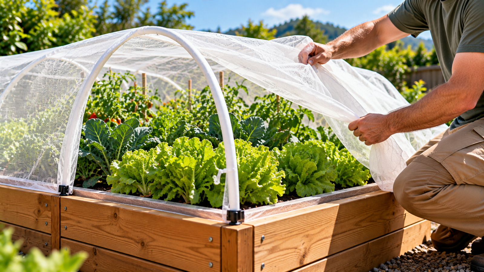 Gardener lifting a mesh cover from a wooden raised vegetable garden bed