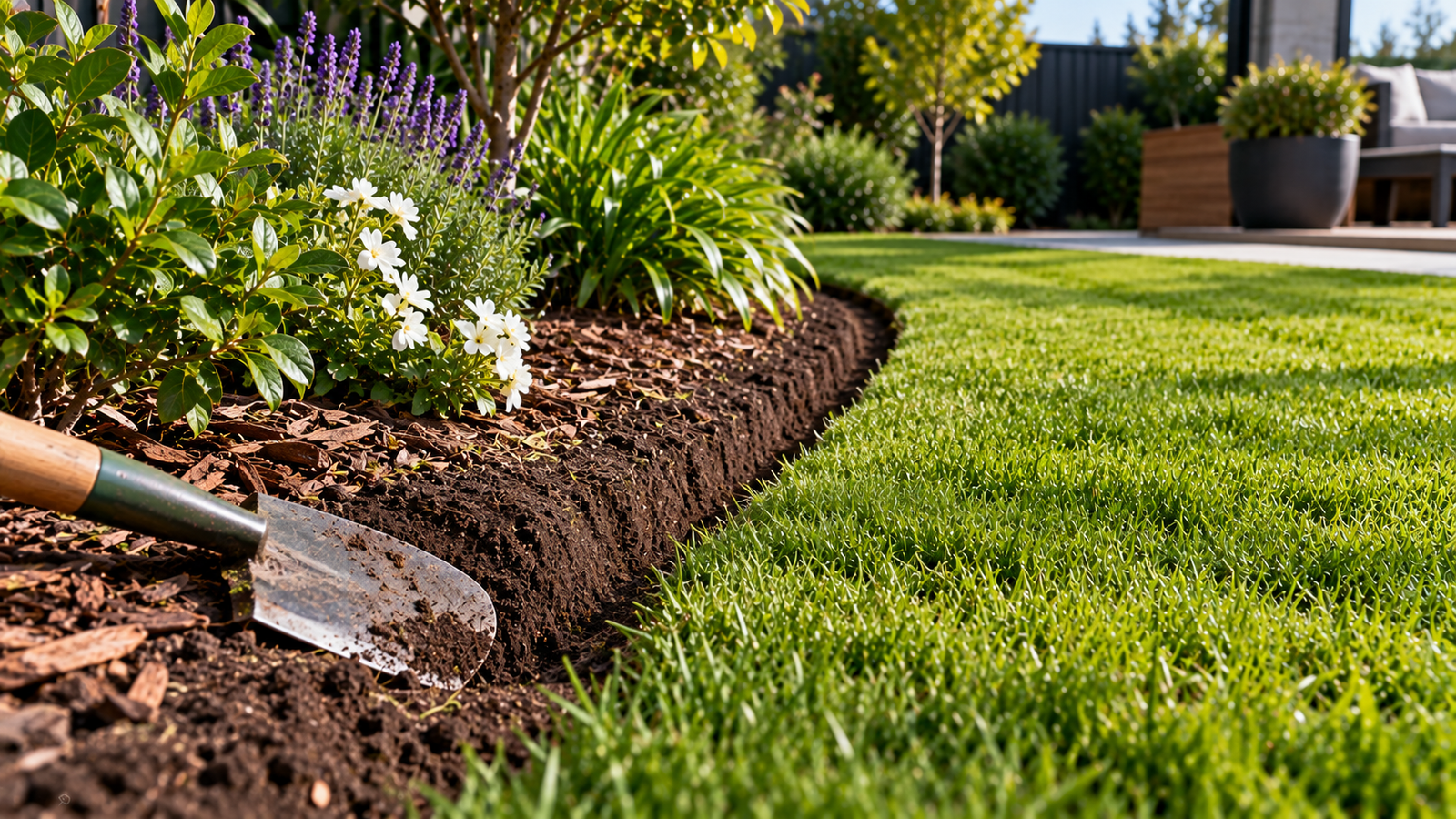 Clean spade-cut lawn edge defining a curved garden bed without manufactured edging