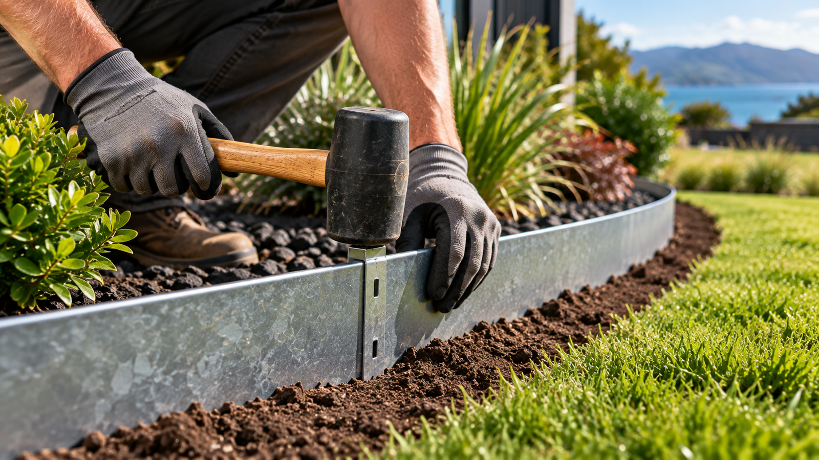 Installing galvanised steel garden edging with a rubber mallet