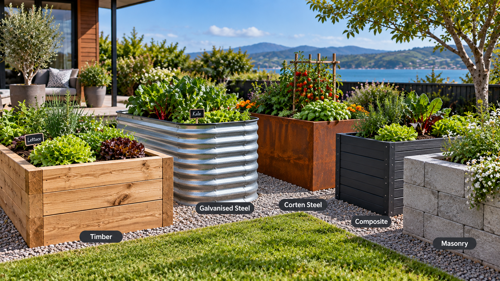 Comparison of timber, galvanised steel, Corten steel, composite and masonry raised garden beds