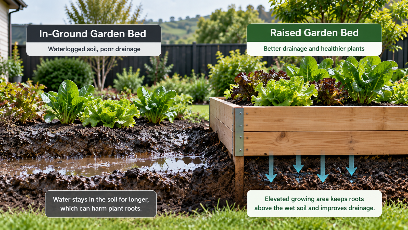 Raised garden bed compared with a waterlogged in-ground garden bed