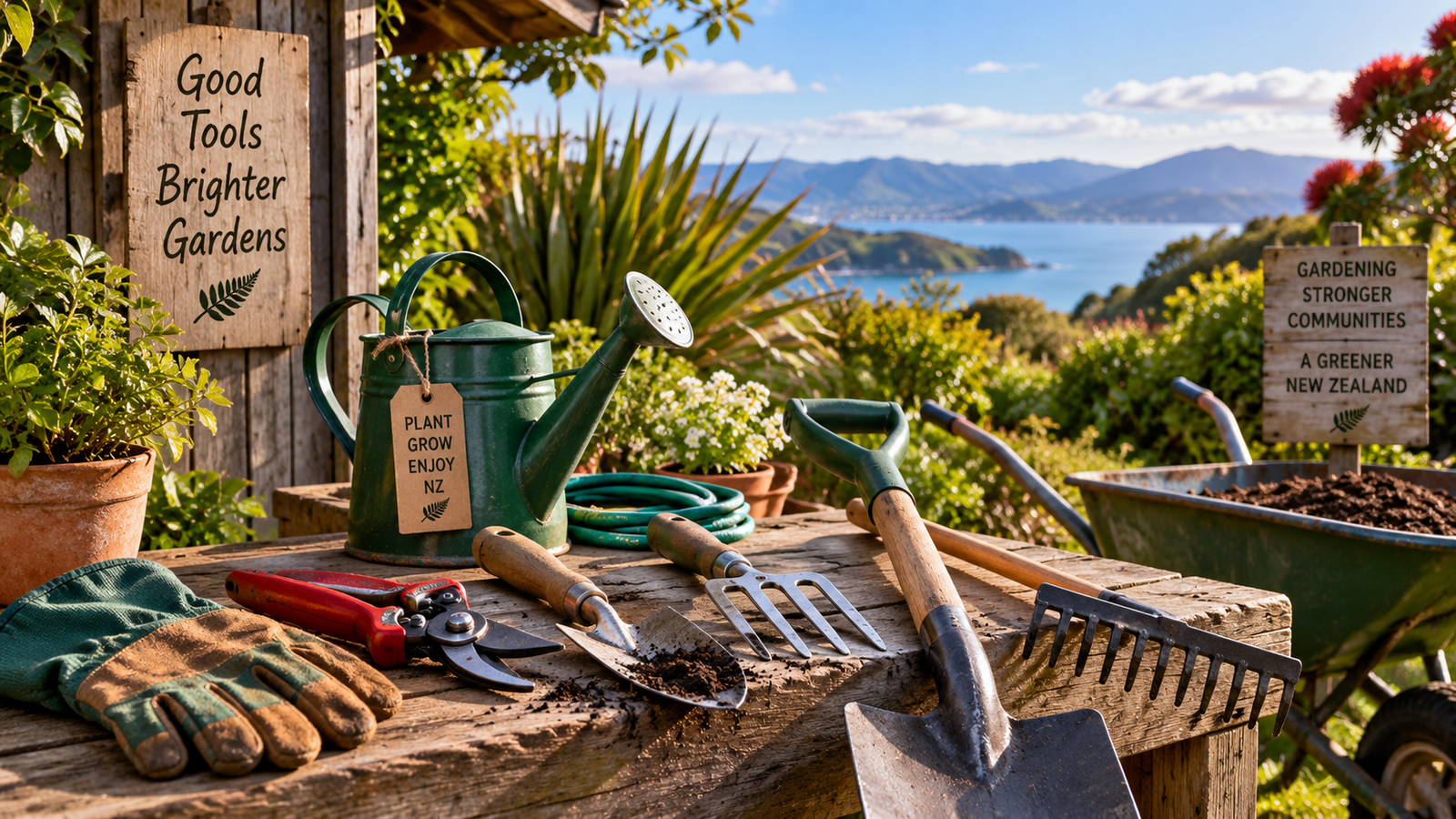 Essential garden tools arranged on a wooden bench in a New Zealand garden