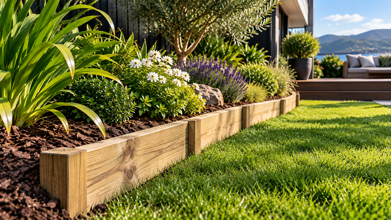 Finished timber garden edging separating a green lawn from a planted garden bed