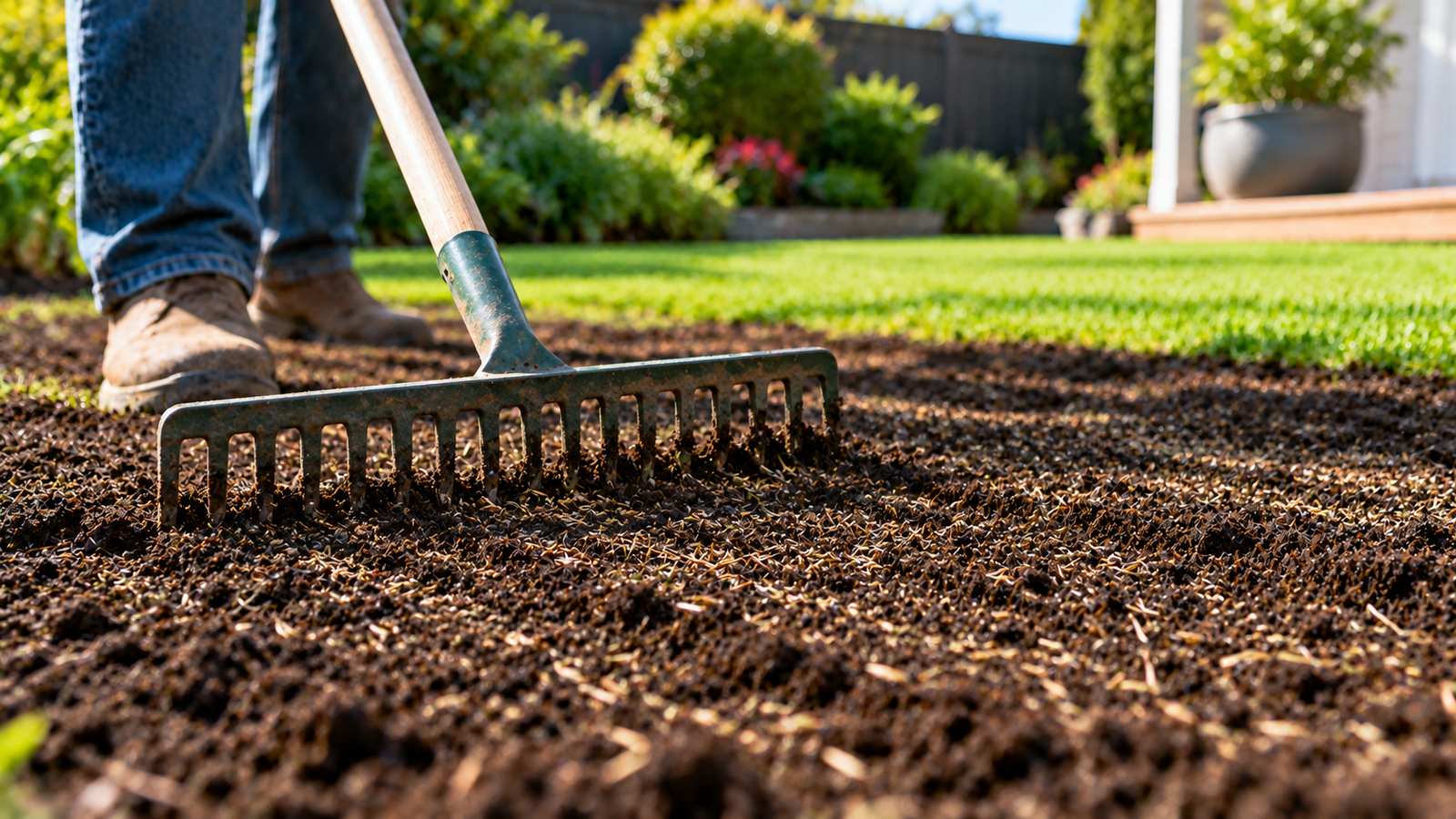 Garden soil prepared for sowing grass seed in a New Zealand lawn