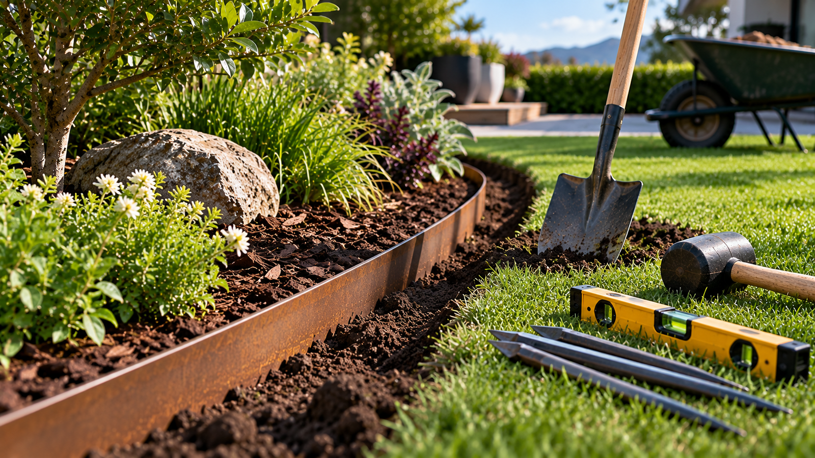 Garden edging installation with trench, metal edging, stakes, spirit level, mallet and shovel