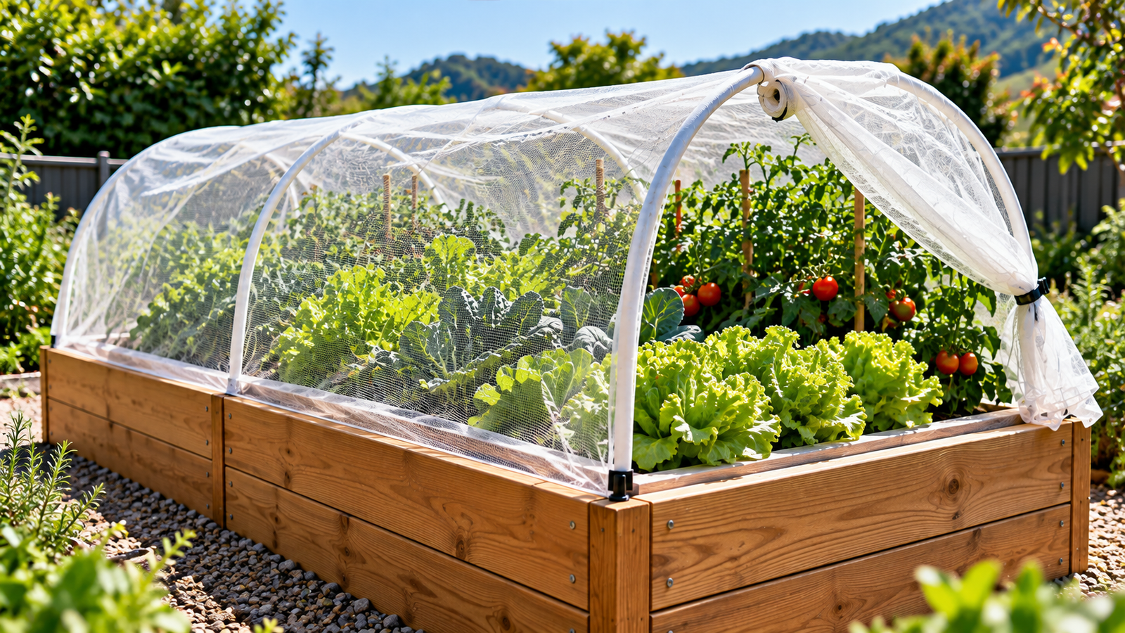 Raised vegetable garden bed protected with fine insect mesh over hoop supports