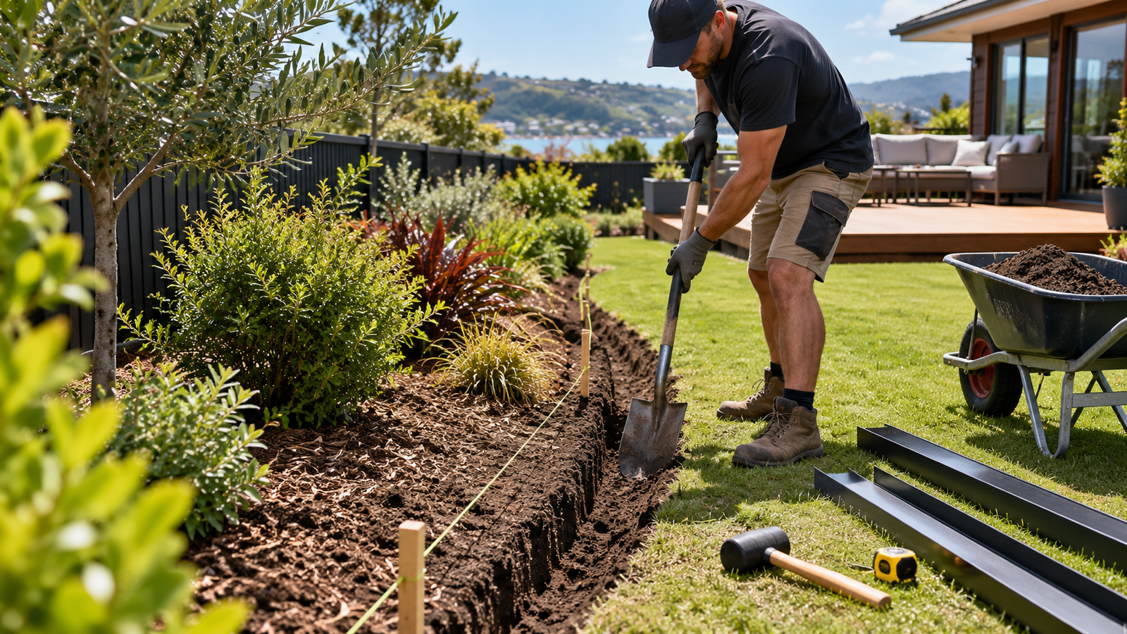 Preparing a trench for garden edging installation in a New Zealand backyard