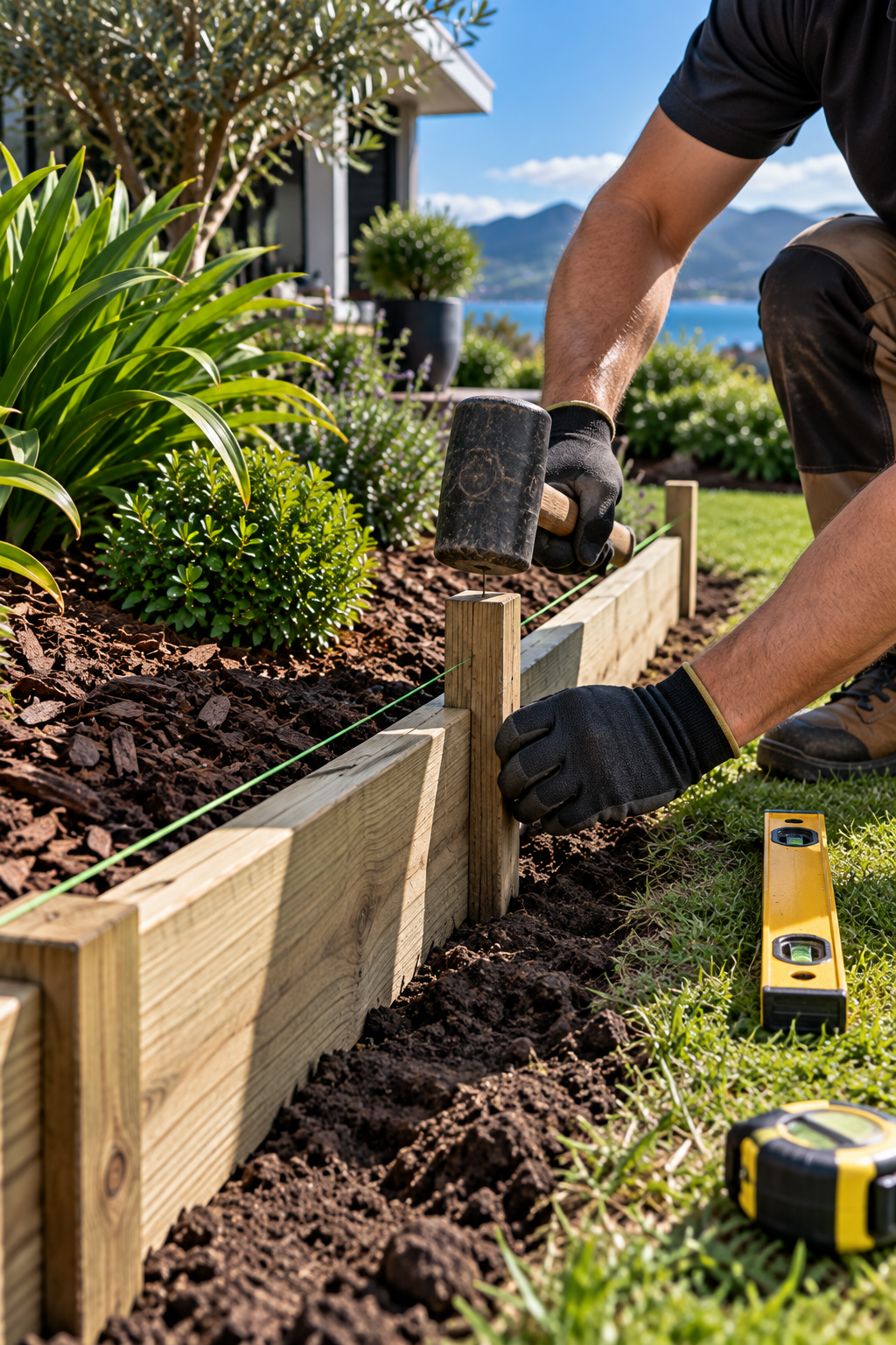 Installing timber garden edging with stakes mallet string line and spirit level