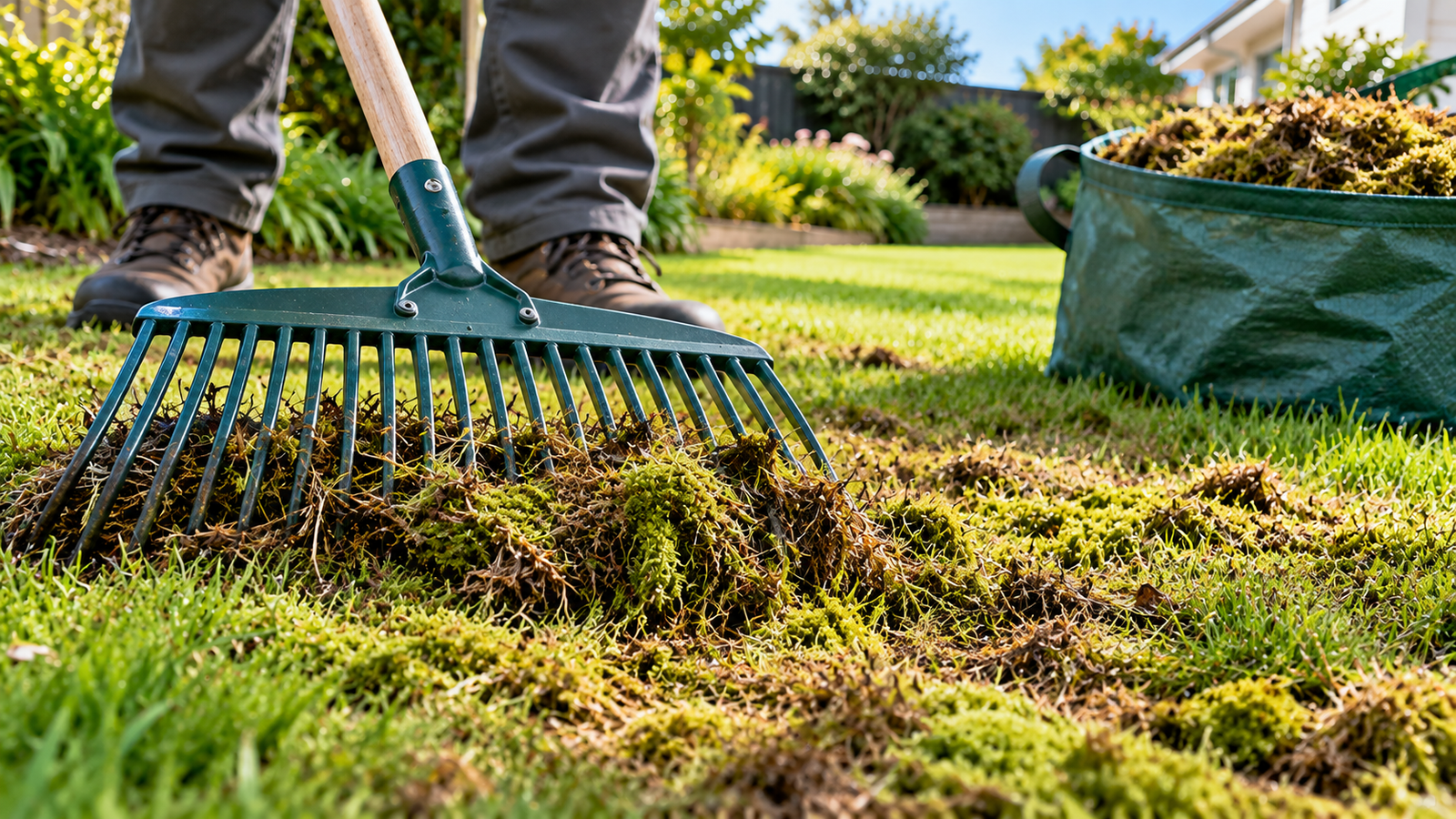 Raking dead moss from a New Zealand lawn with a garden rake