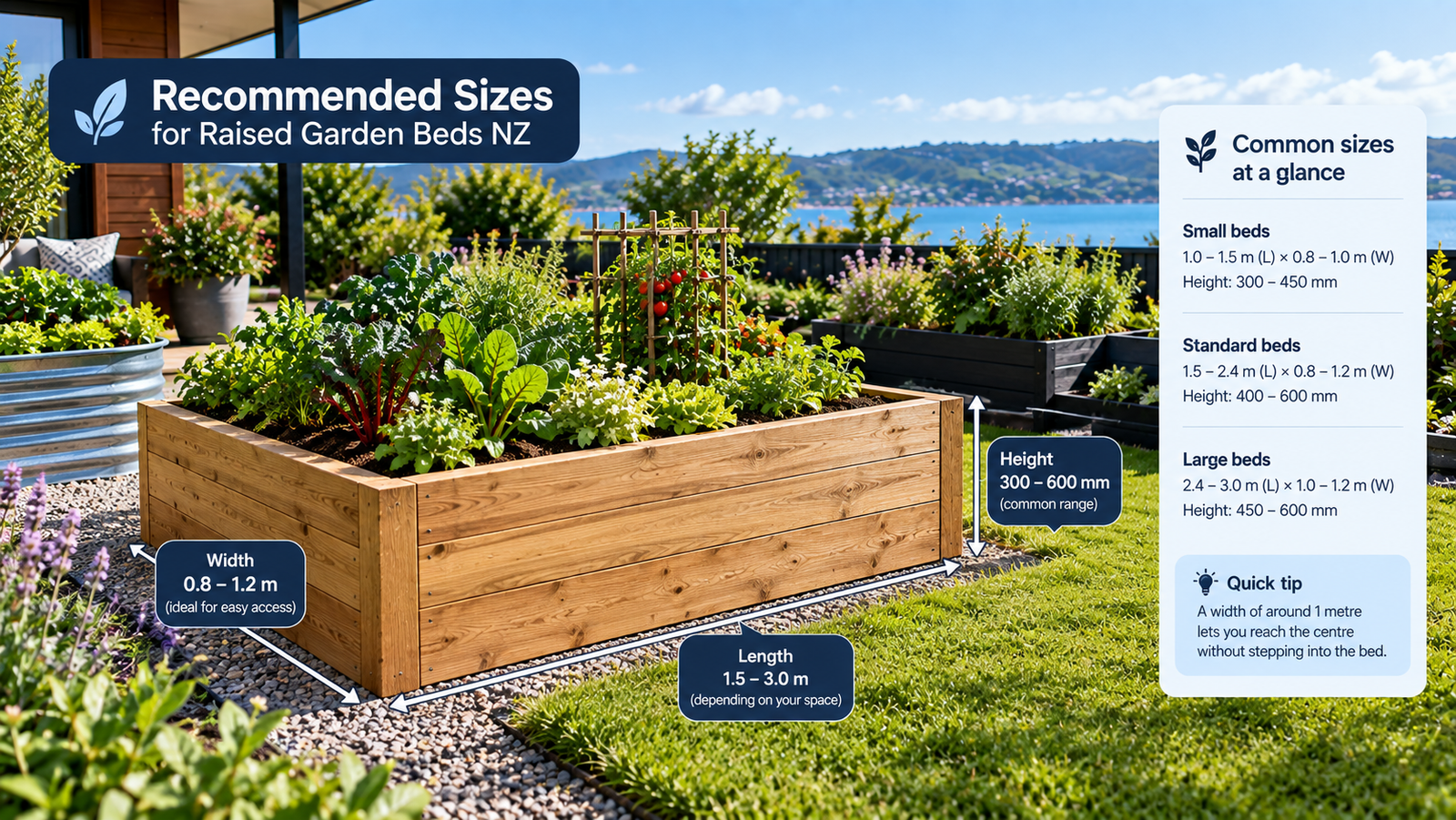 Raised garden bed dimensions showing practical width, length and height for New Zealand gardens