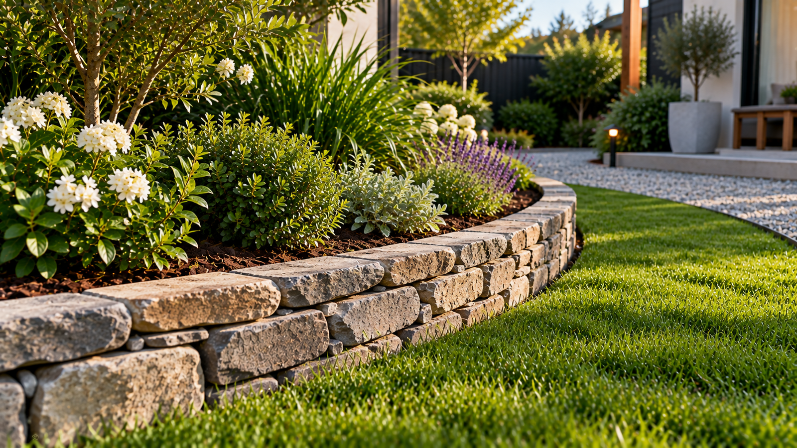 Natural stone garden edging creating an organic border around garden plants