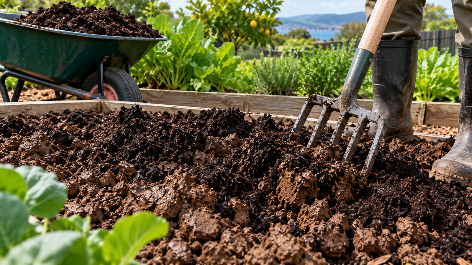 Gardener mixing compost and organic matter into heavy clay soil