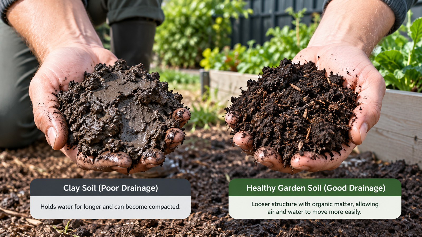 Comparison of wet clay soil and healthy garden soil with better drainage