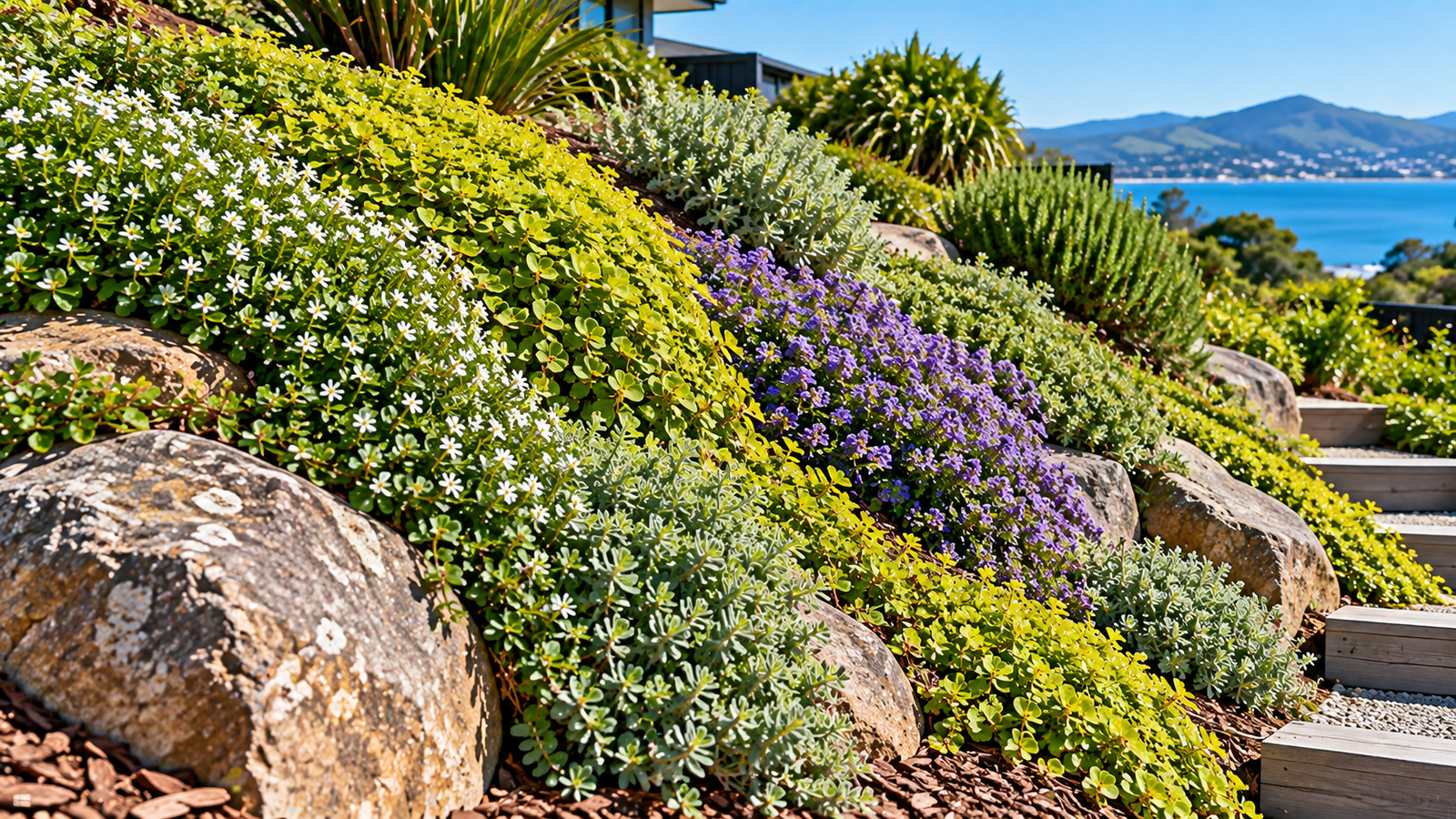 Ground cover plants growing across a landscaped garden bank in New Zealand