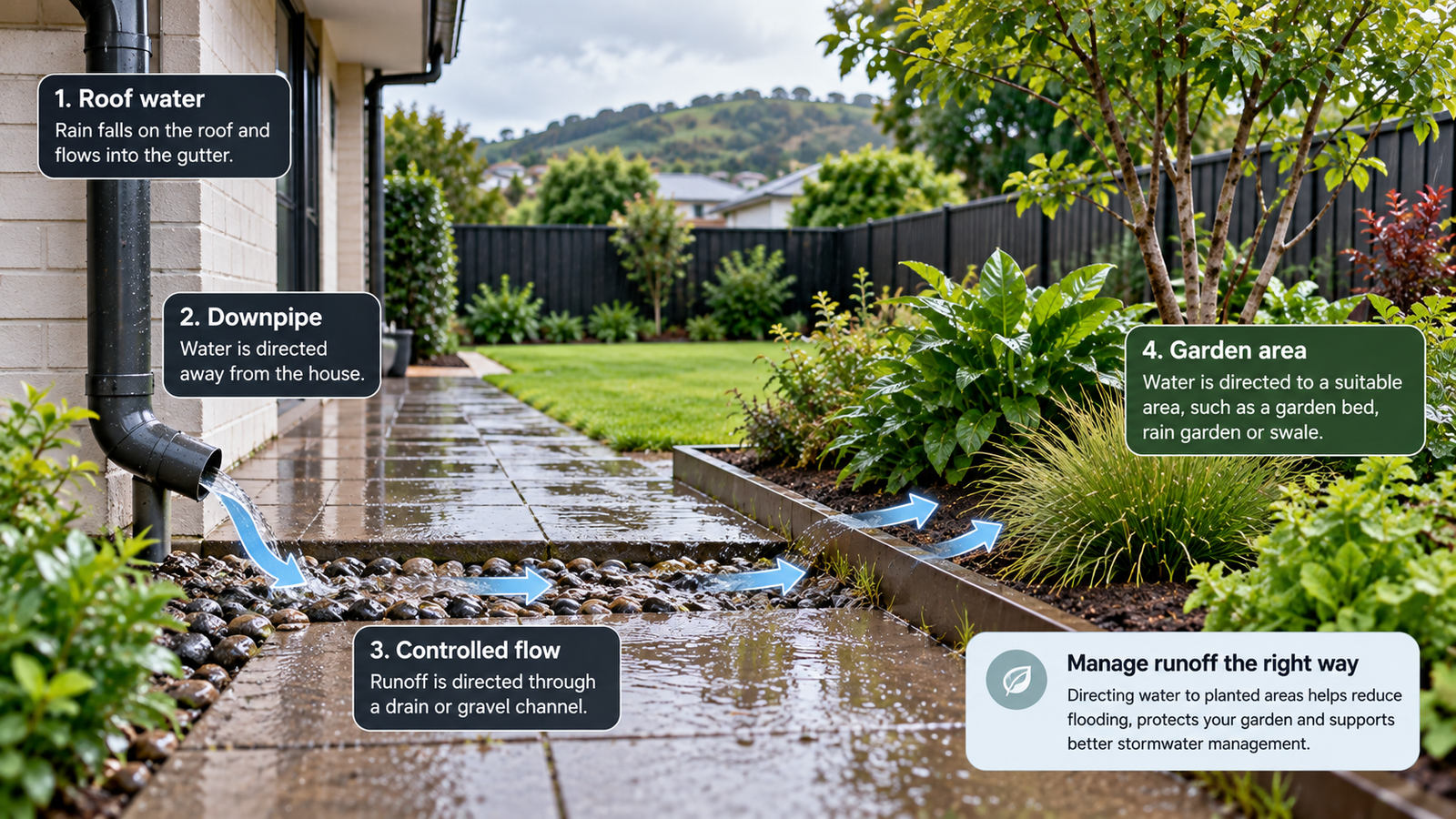 Roof runoff being directed through a drainage channel towards a planted garden area