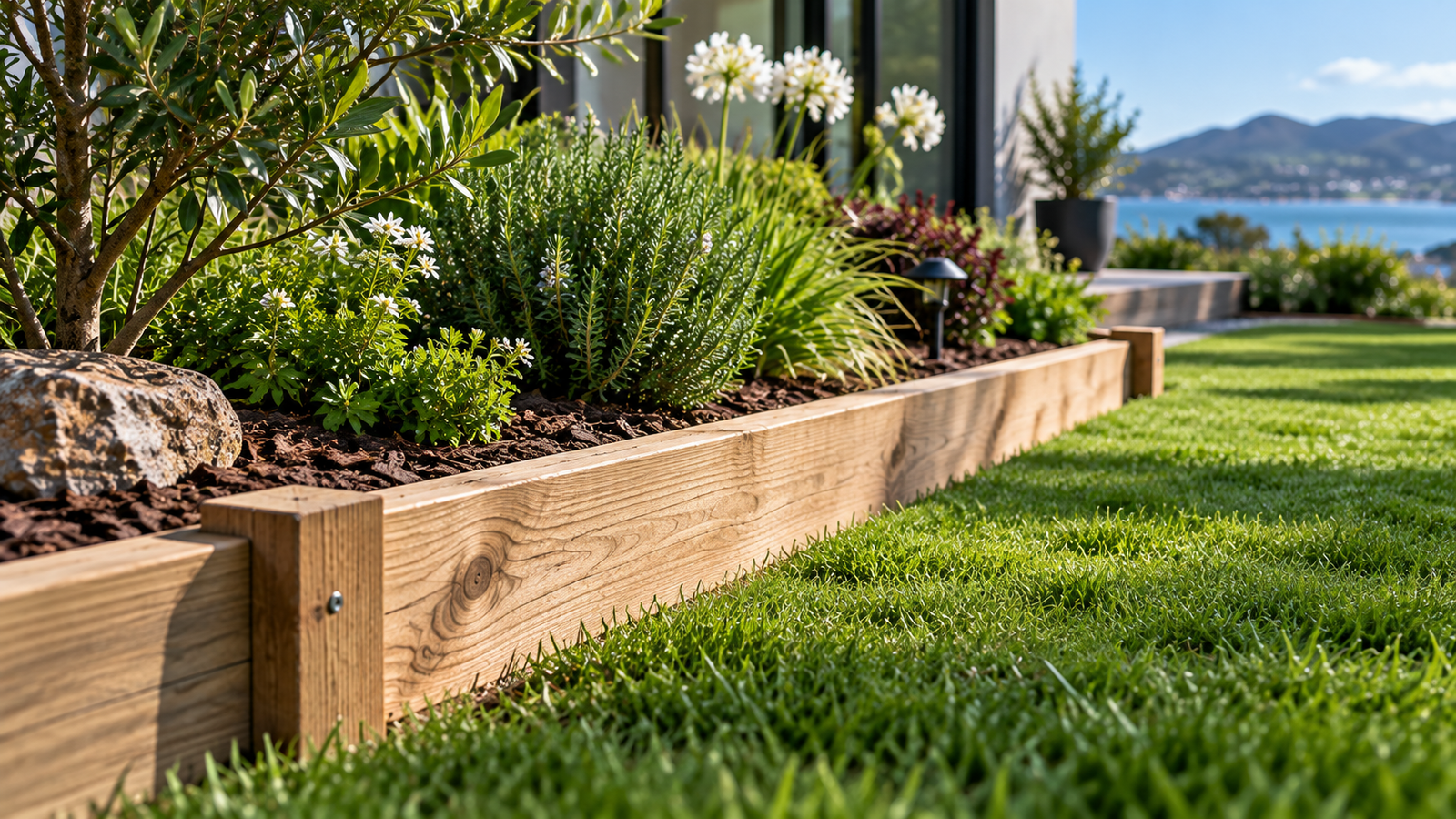 Timber garden edging beside a lawn and planted garden bed in a New Zealand-style backyard