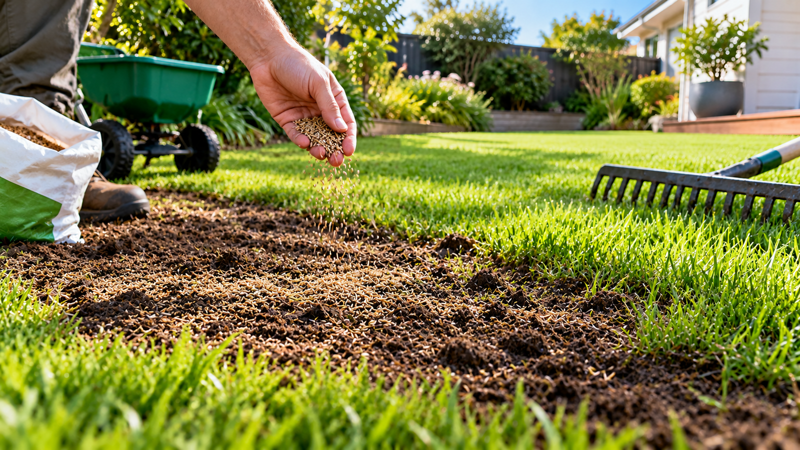 Spreading grass seed on a bare lawn patch after removing moss in New Zealand