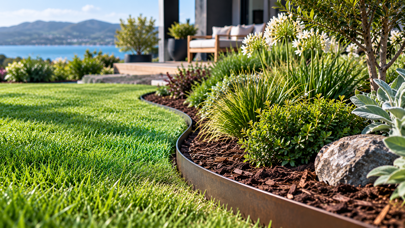 Curved steel garden edging separating a green lawn from a mulched planting bed