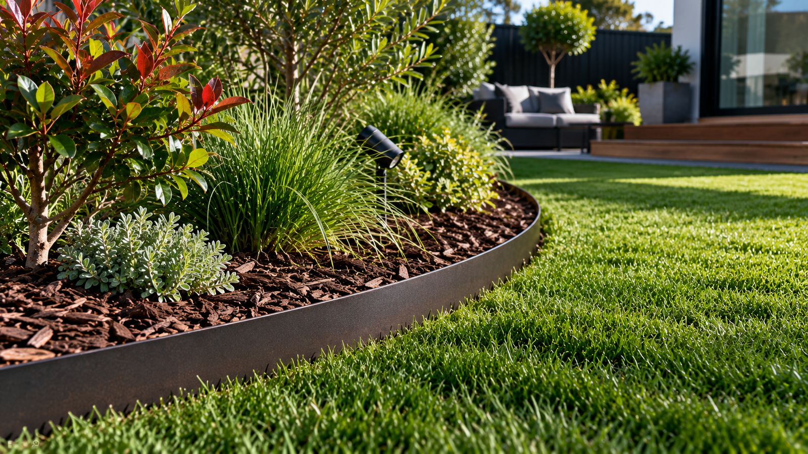 Black steel garden edging forming a clean curved border between lawn and planting