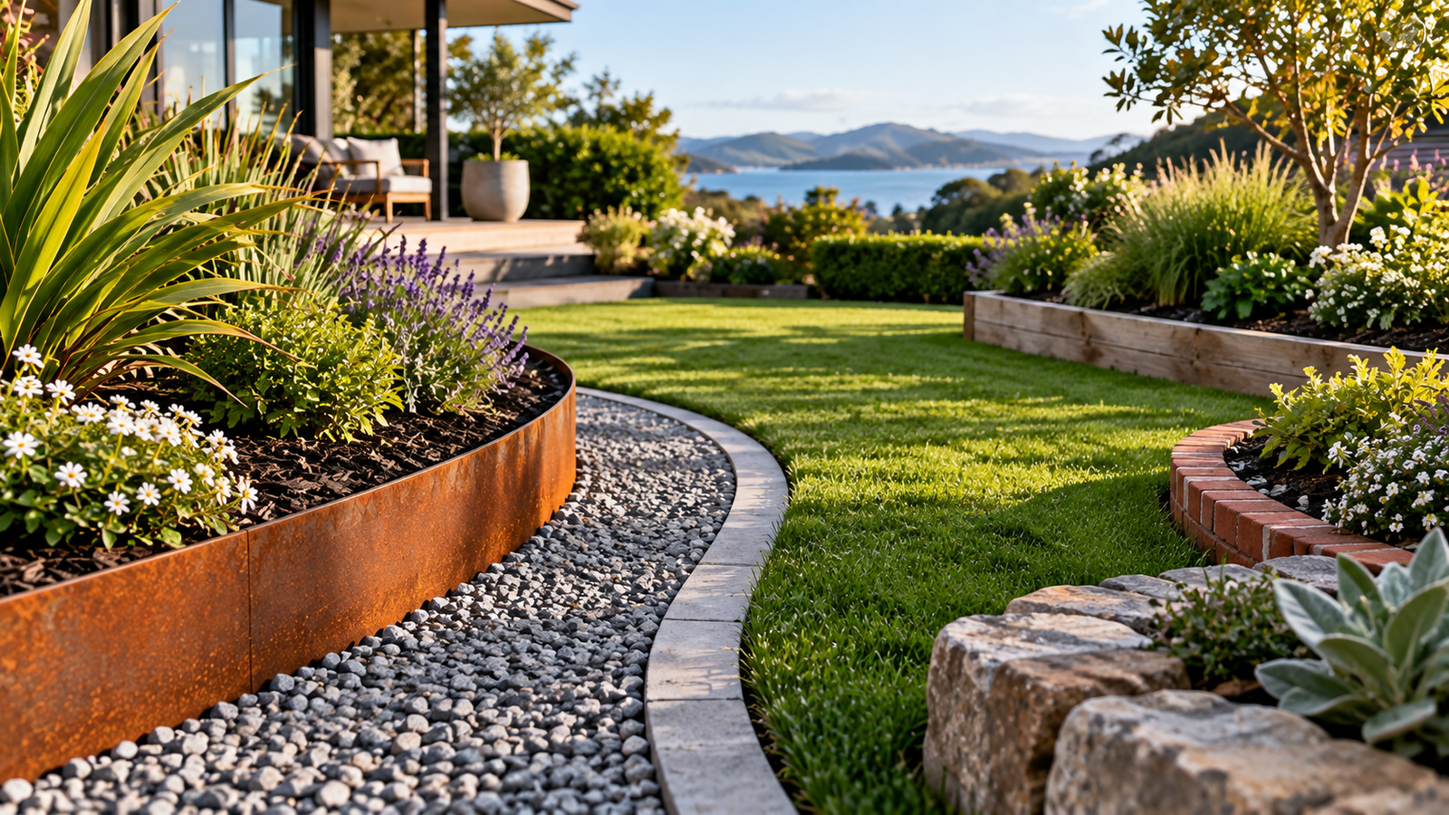 Modern New Zealand garden with timber, steel, stone and brick edging ideas