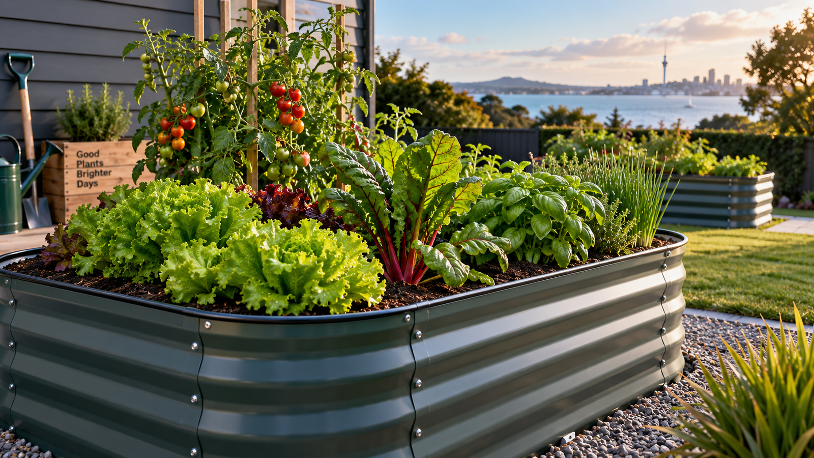 Metal raised garden bed filled with vegetables and herbs in a New Zealand backyard