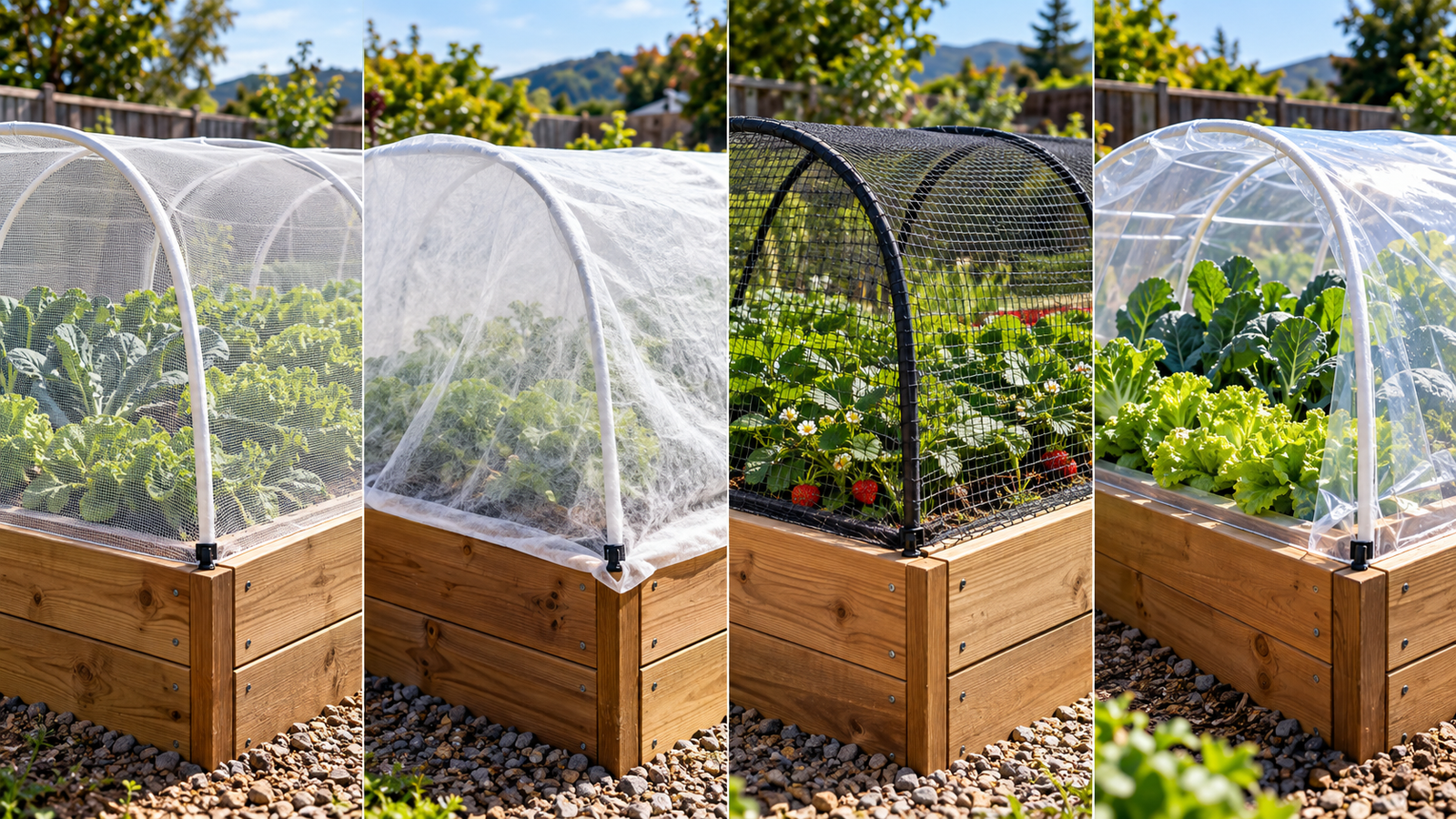 Different raised garden bed cover options including insect mesh, frost cloth, bird netting and clear plastic