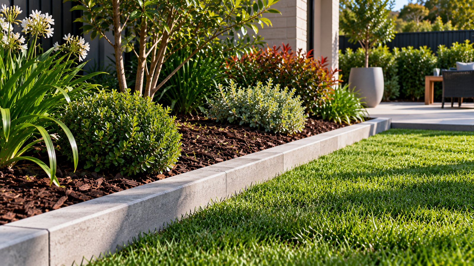 Concrete garden edging separating a lawn from a landscaped garden bed