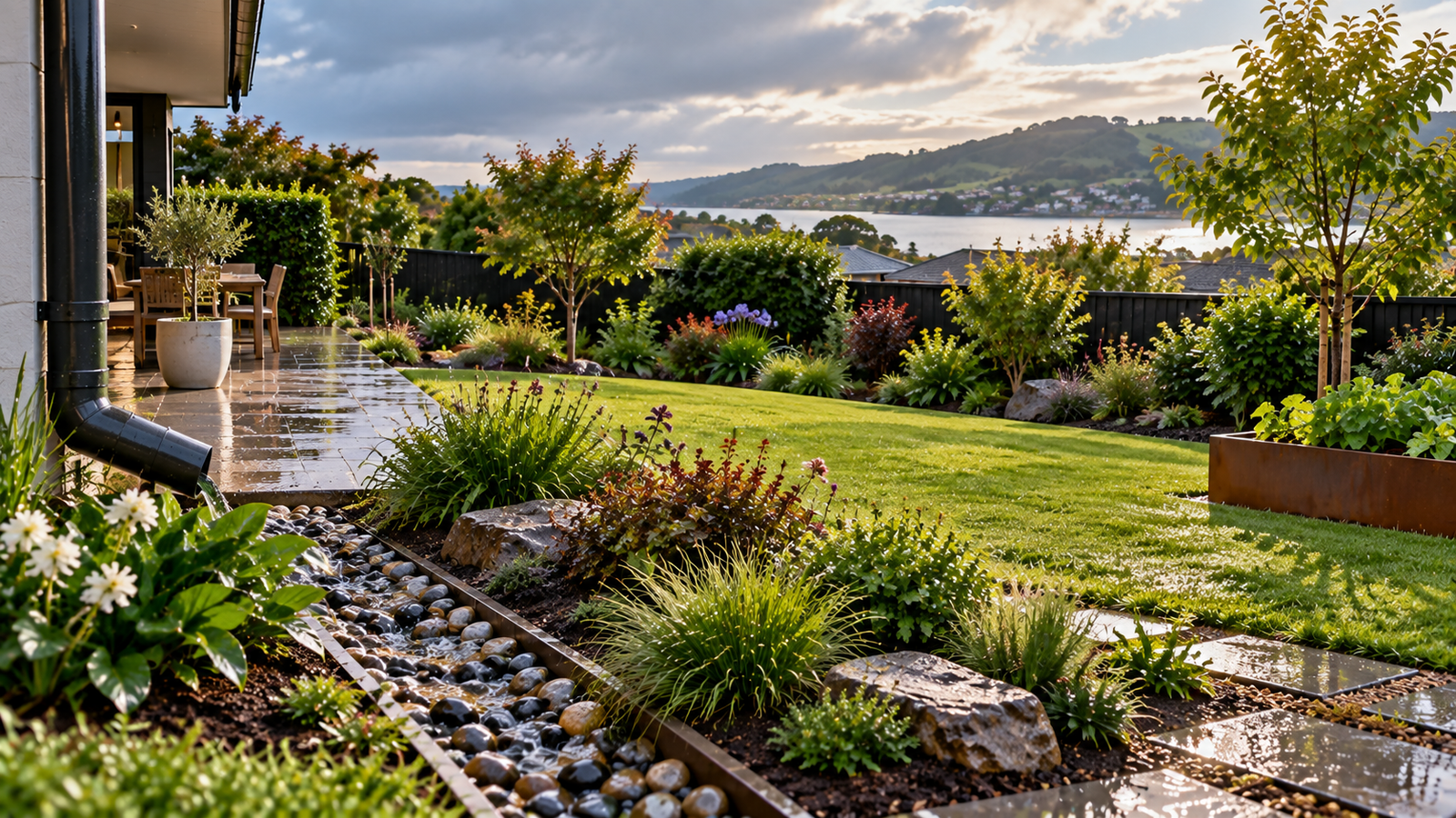 Garden drainage in a landscaped New Zealand garden after rain