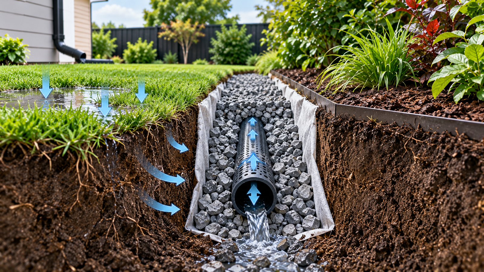 Residential rain garden receiving roof runoff through a shallow landscaped channel