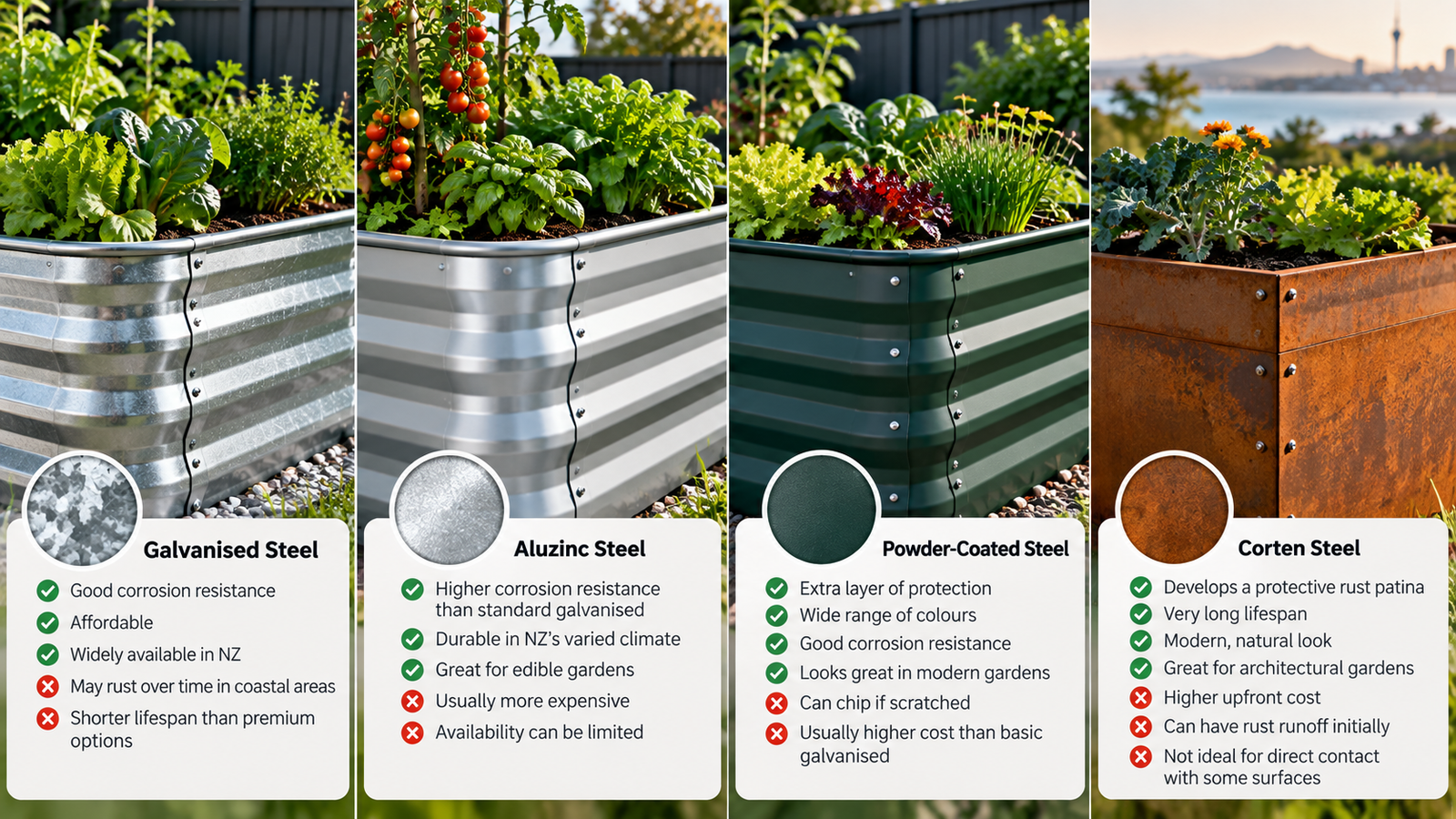 Comparison of galvanised steel, Aluzinc, powder-coated steel and Corten raised garden beds