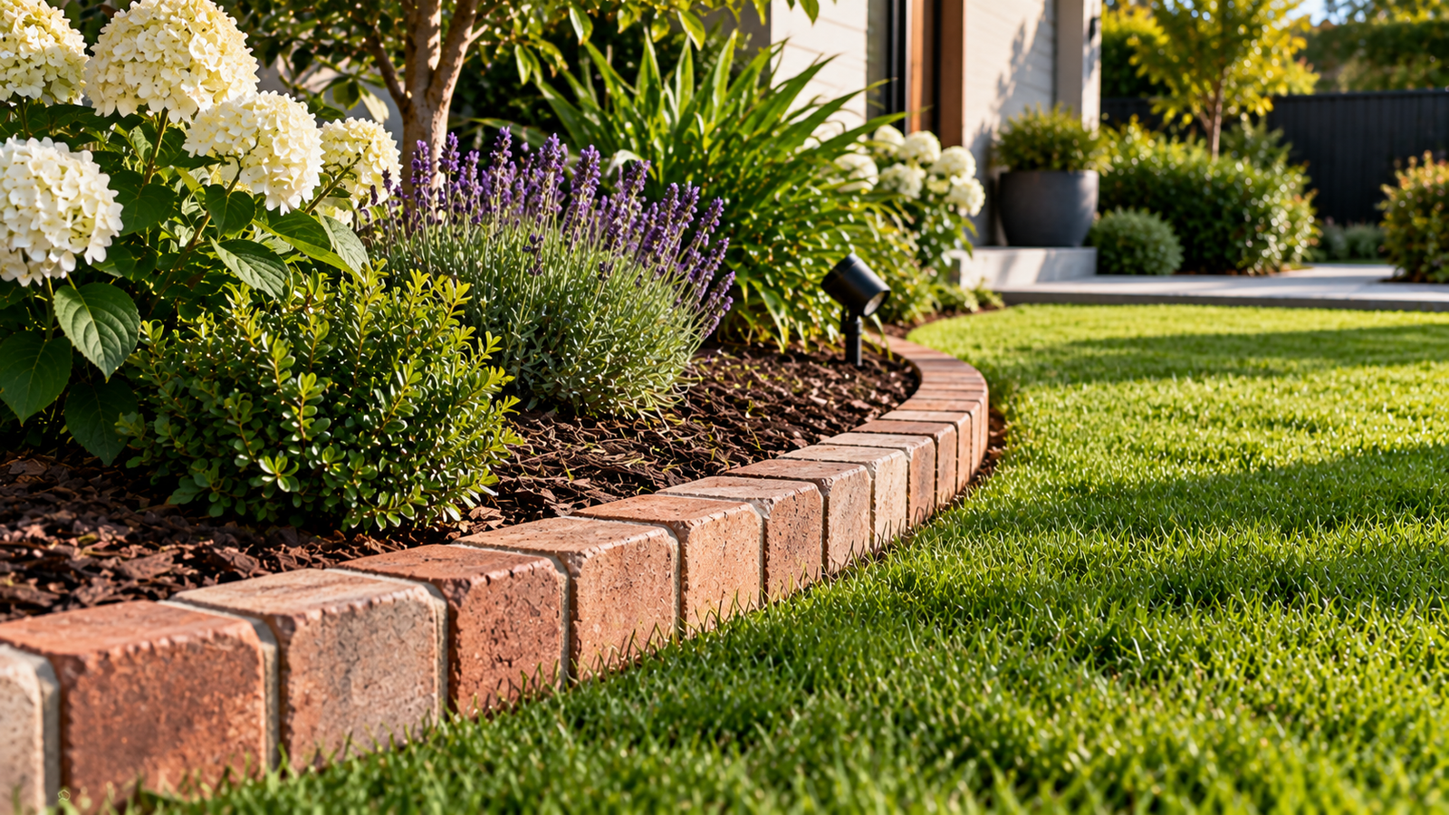 Traditional brick garden edging bordering a cottage-style flower bed