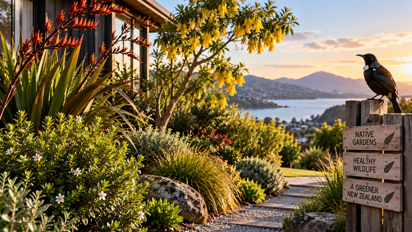 Tui perched in a New Zealand native garden with kowhai, flax and flowering plants