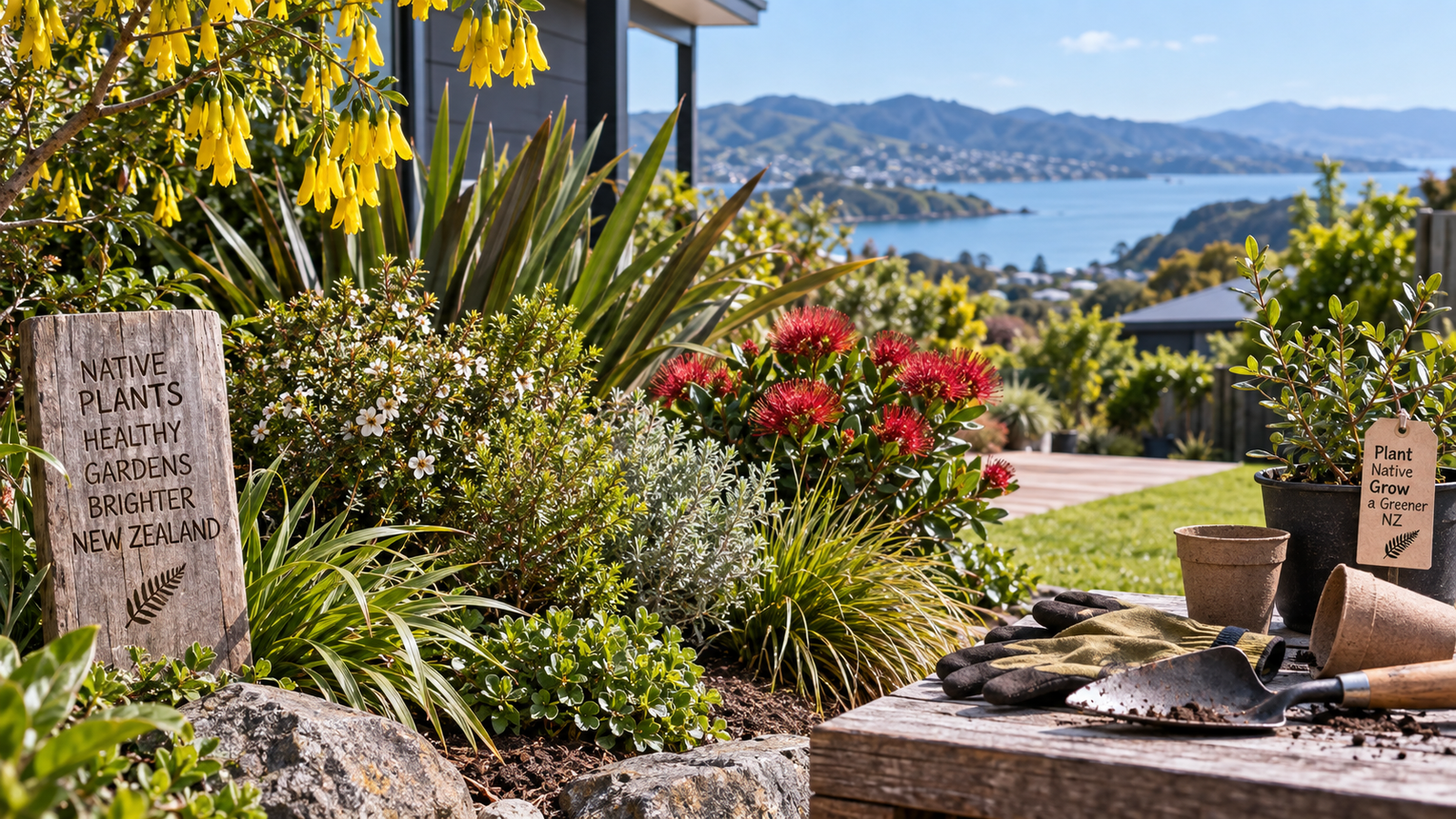 New Zealand native garden with kowhai, flax and other native plants overlooking a coastal landscape