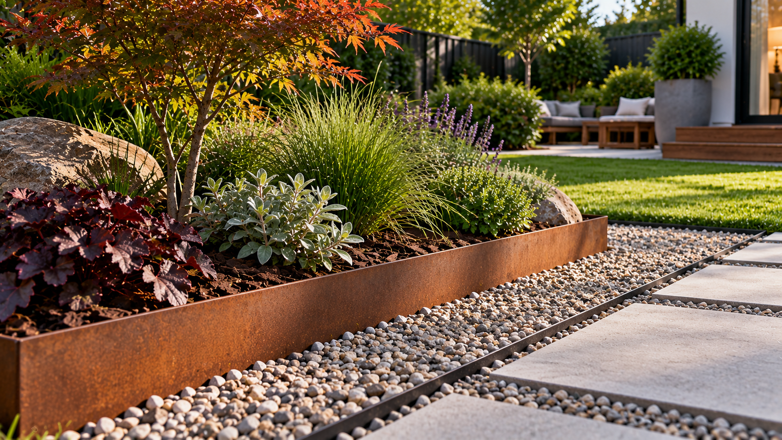 Rust-toned weathering steel edging bordering ornamental garden plants