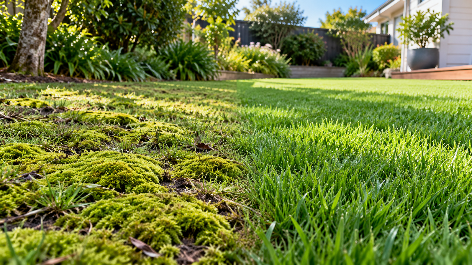 Moss in a lawn in New Zealand showing moss patches beside healthy grass