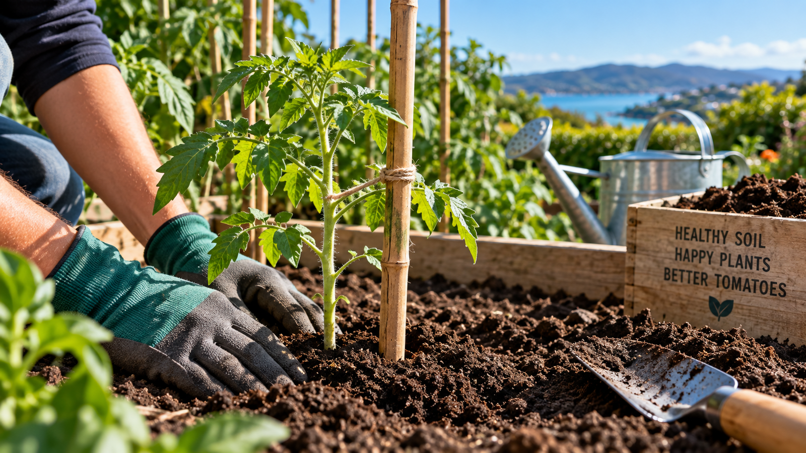 How to grow tomatoes NZ by planting and staking a young tomato seedling