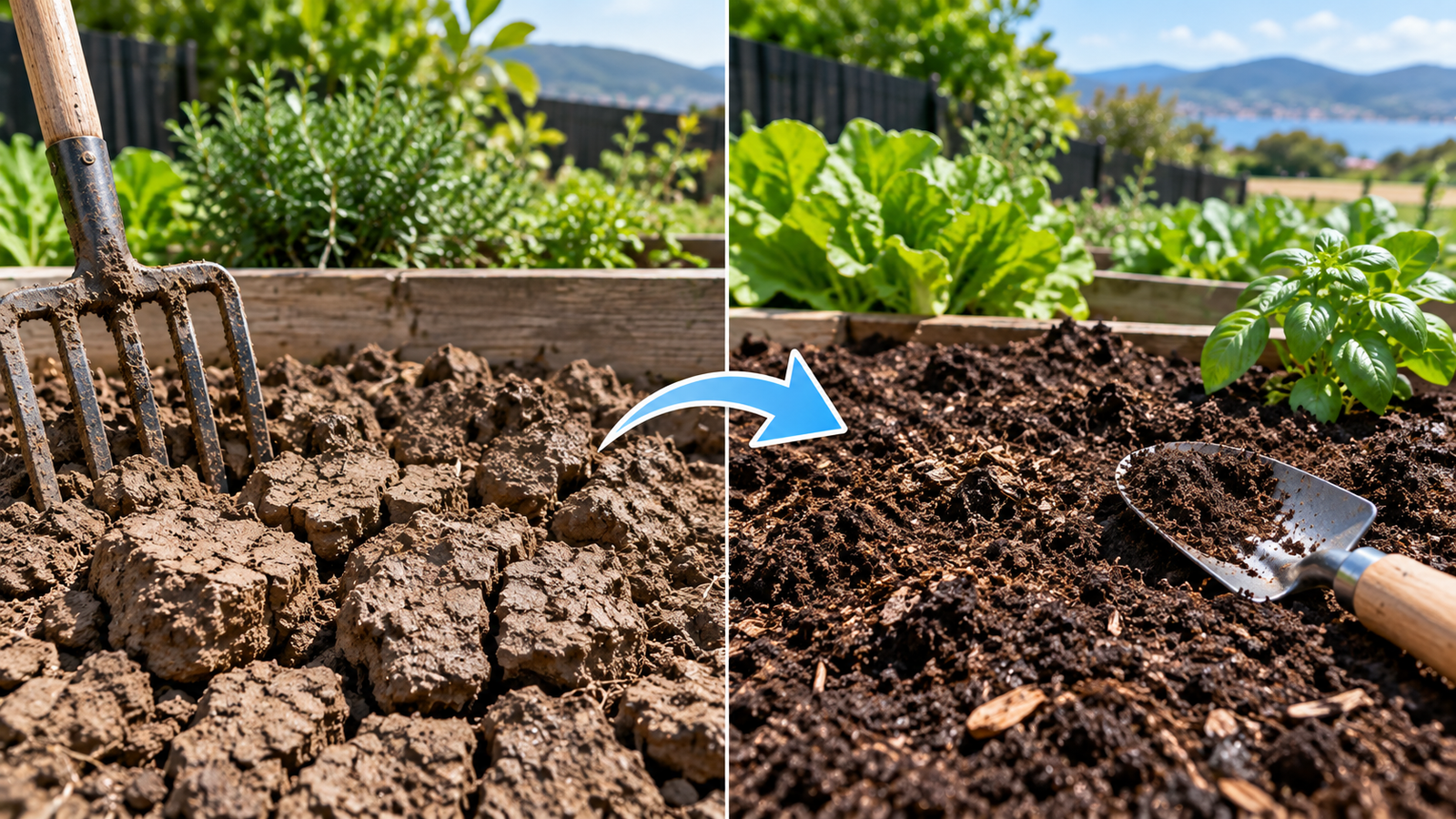 Clay soil before and after improvement with organic matter in a New Zealand garden