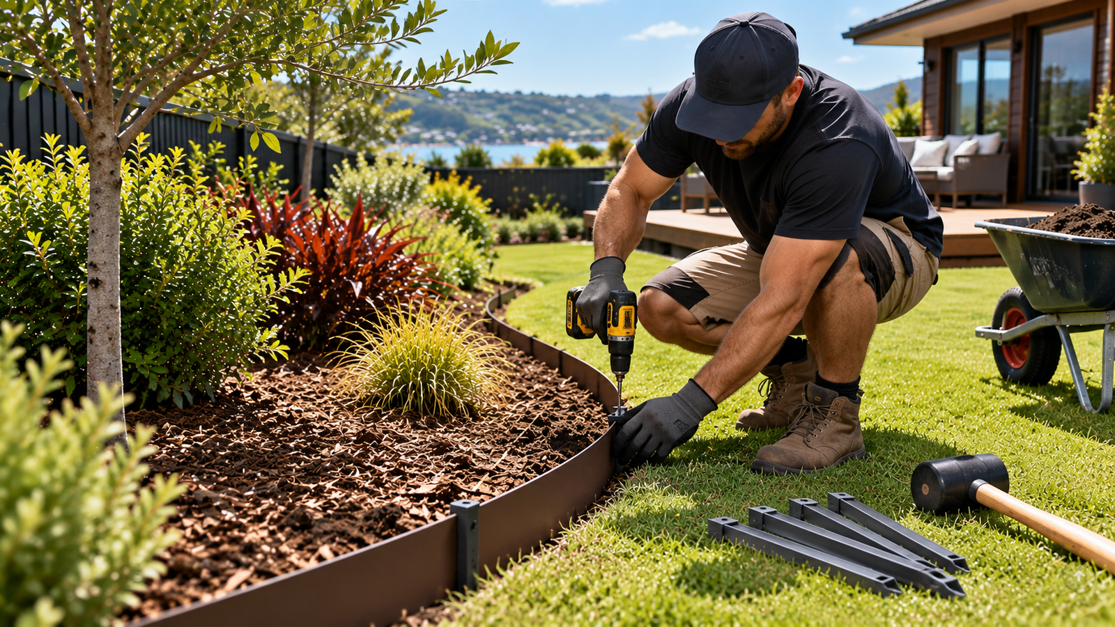 Installing steel garden edging in a landscaped New Zealand garden