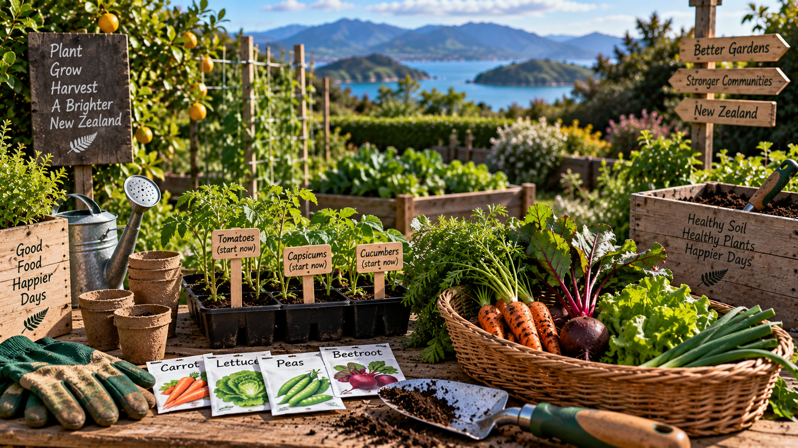 Tomato capsicum and cucumber seedlings being started in a New Zealand spring garden