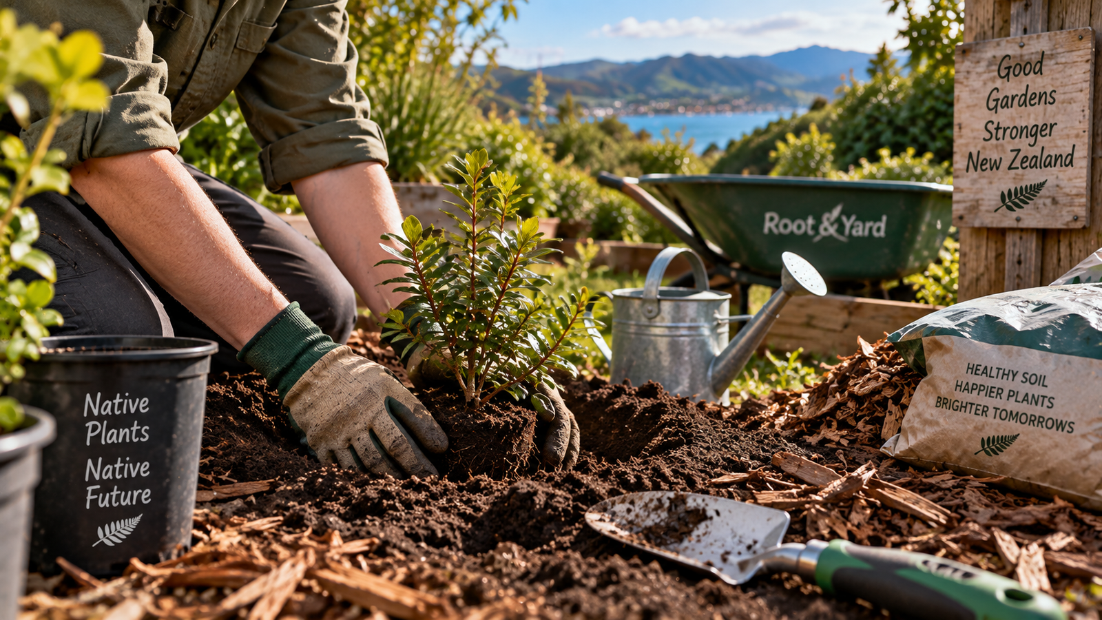Gardener planting a shrub using garden tools in a New Zealand garden