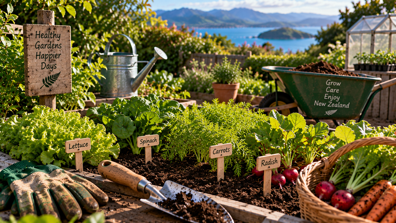 Raised vegetable bed with lettuce spinach carrots and radishes growing in New Zealand spring