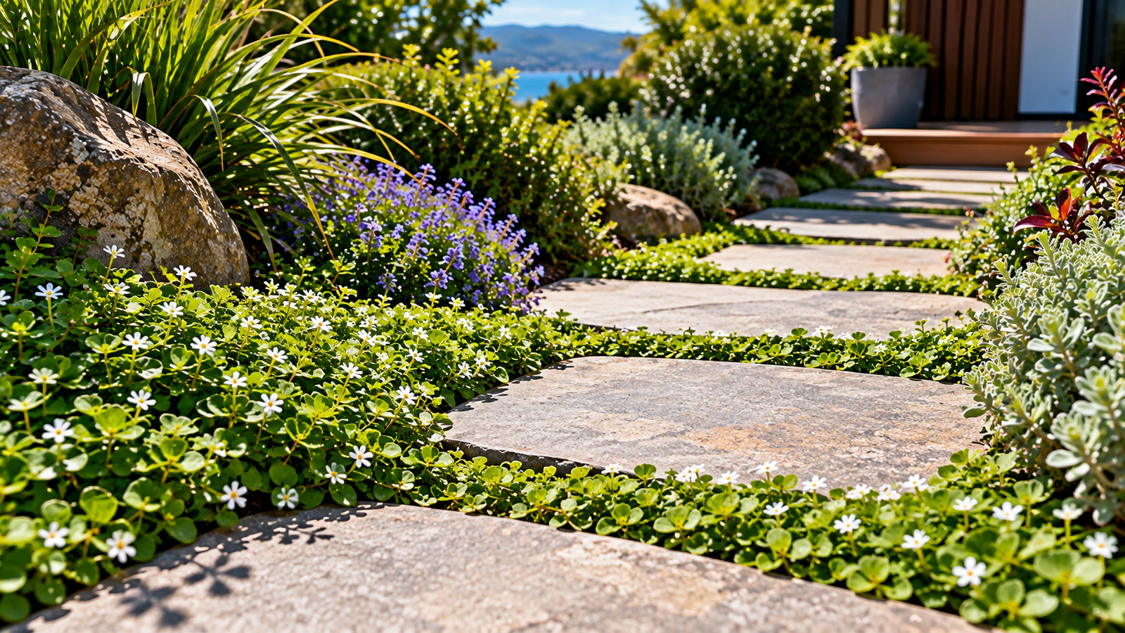 Low-growing ground cover plants between stone pavers in a New Zealand garden