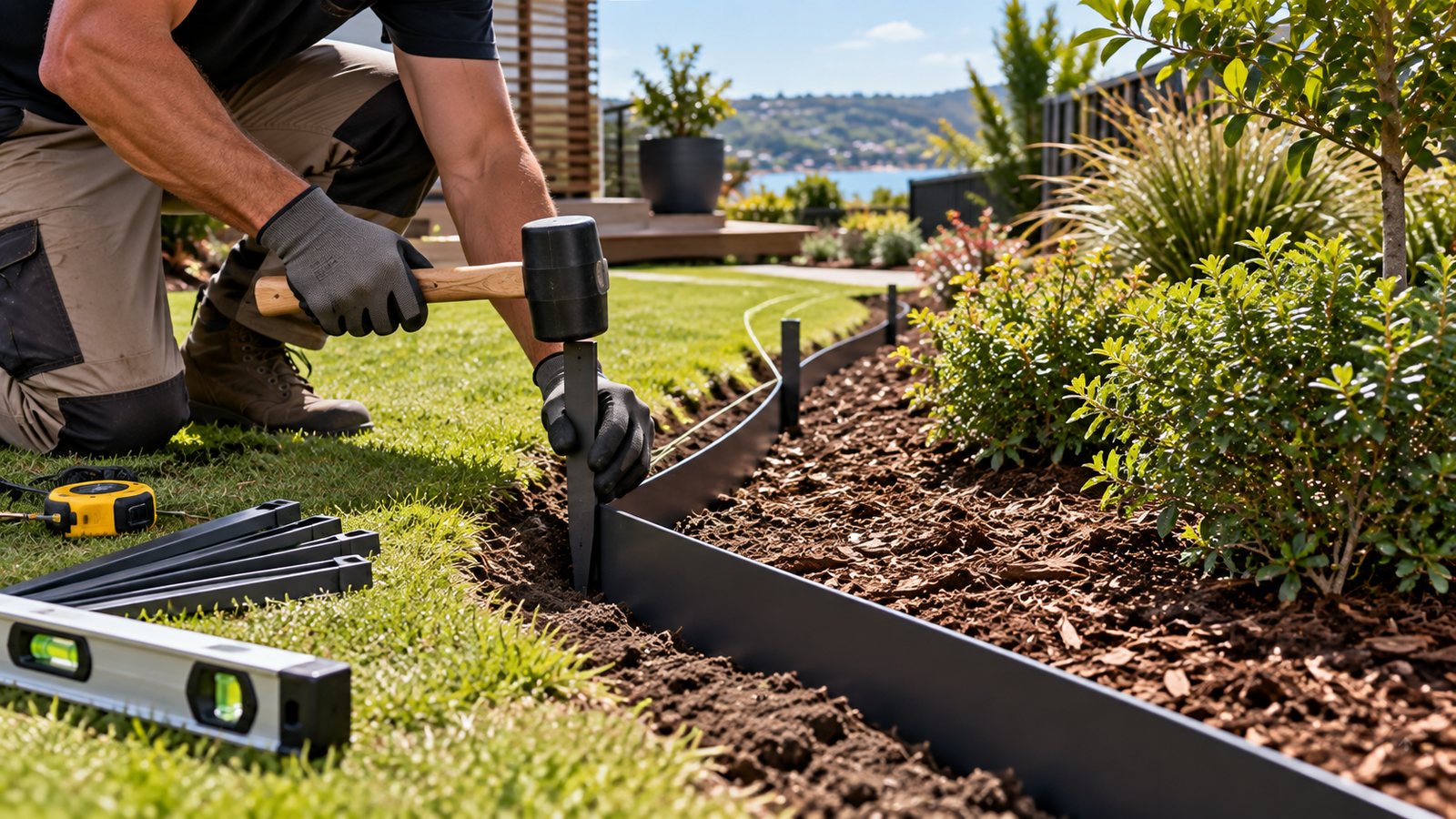 Securing garden edging with a rubber mallet and stakes