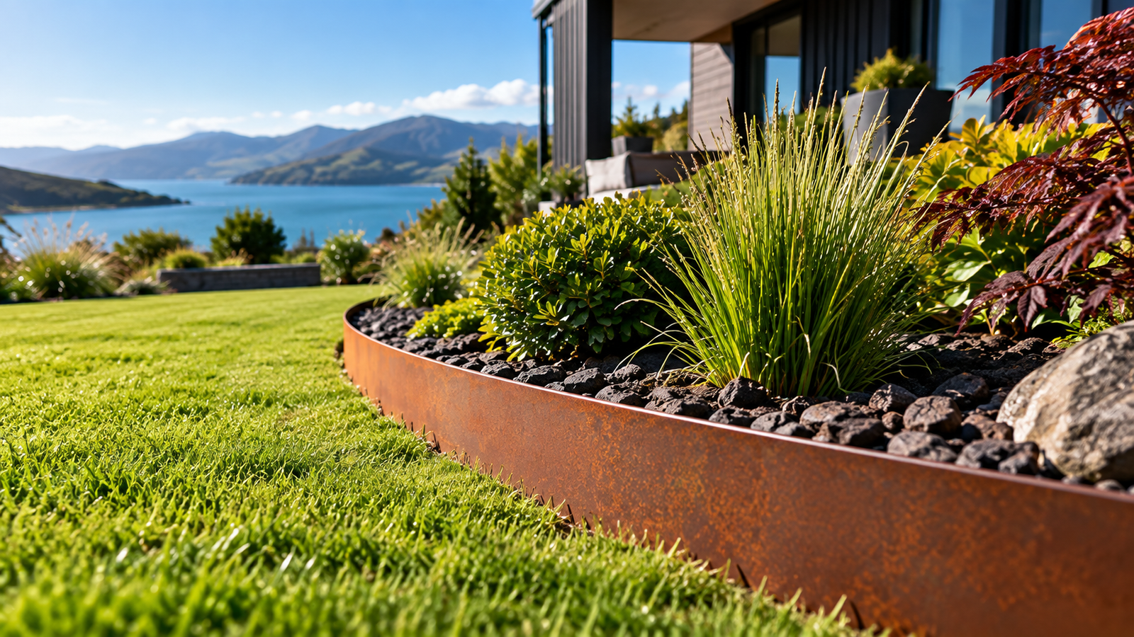 Steel garden edging separating a lawn from a landscaped garden bed