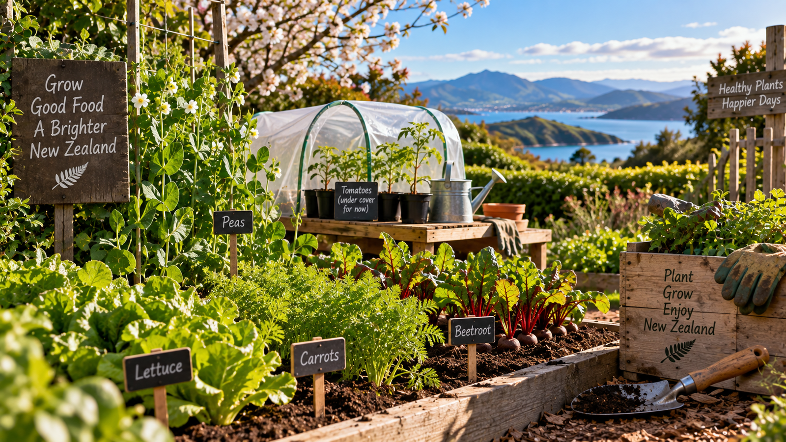 Spring vegetable garden in New Zealand with peas lettuce carrots beetroot and tomato seedlings
