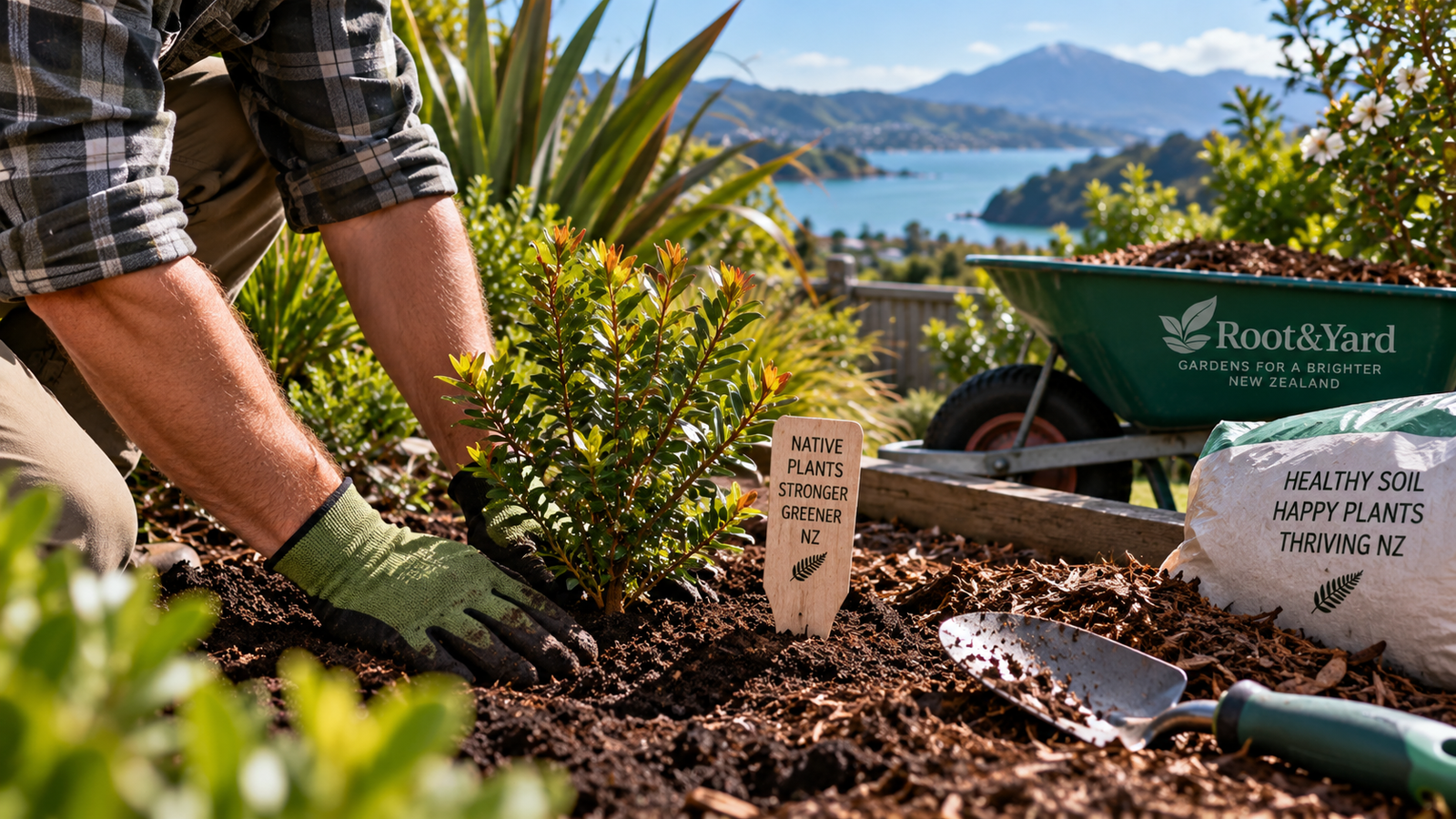 Gardener planting a young native shrub in a New Zealand garden with mulch and hand tools