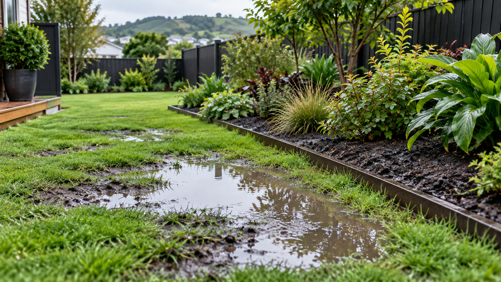 Garden drainage NZ example showing a waterlogged lawn after heavy rain