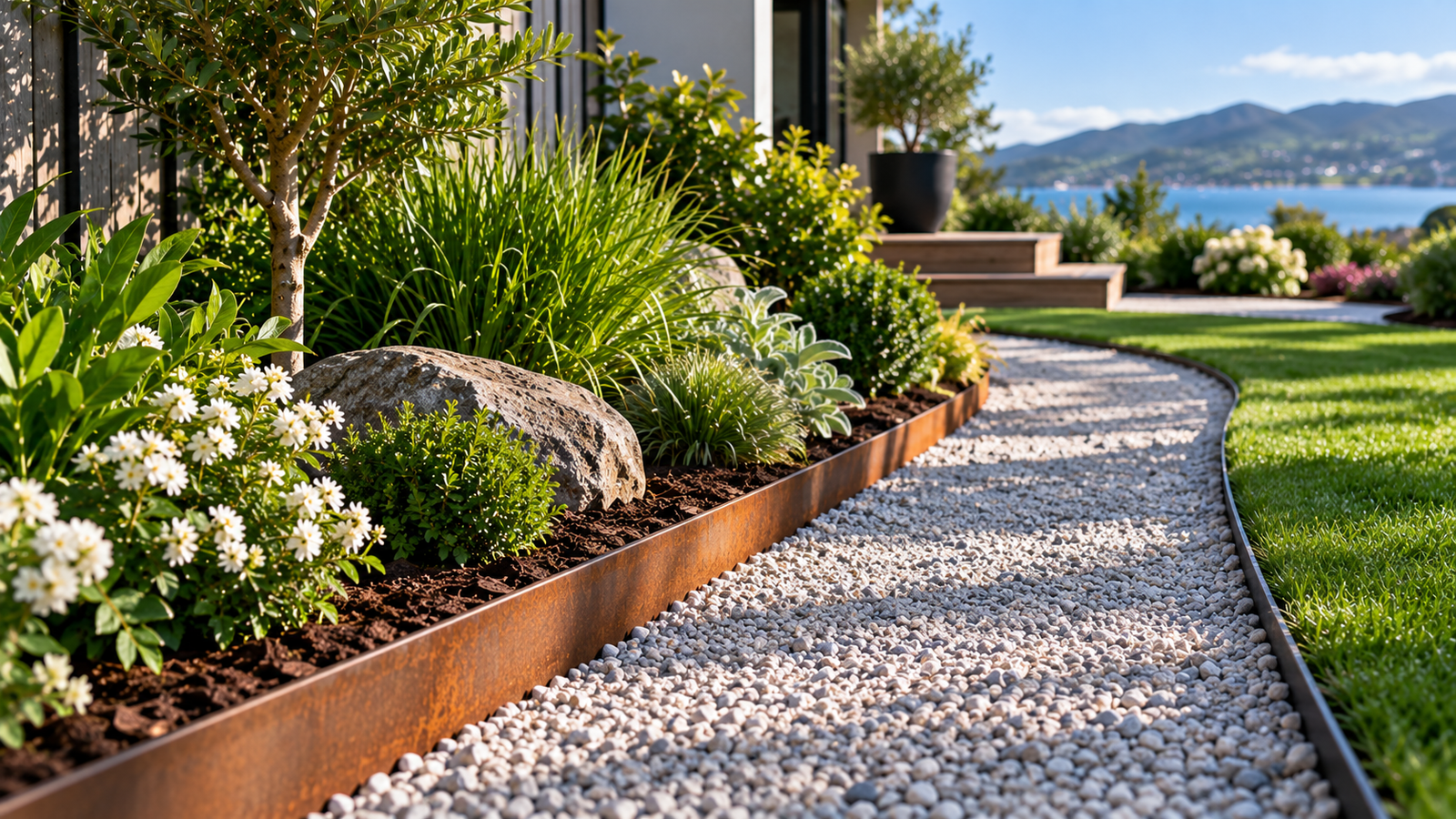 Landscaped garden path with corten steel edging, gravel, lawn and ornamental planting